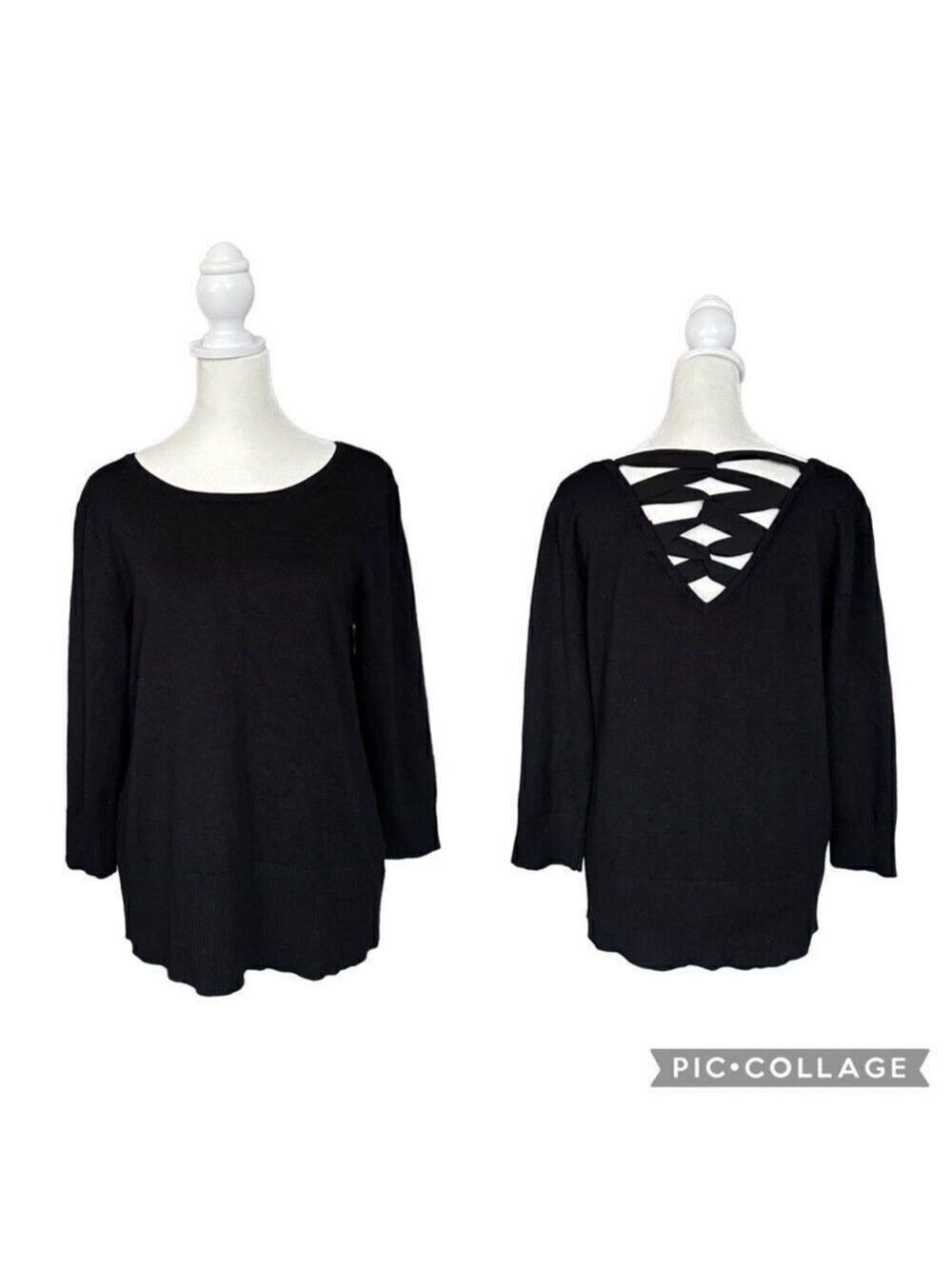 Cable & Gauge Back Satin Crisscross Ribbon Round Neck Casual Top Large